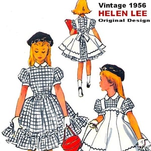 Può includere: Modello di cucito vintage Helen Lee Original Design del 1956 con tre ragazze che indossano abiti. Una ragazza tiene una borsa rossa e porta a spasso un bassotto.