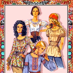 May include: Illustration of four women modelling vintage blouses. The blouses feature floral prints, embroidery, and puff sleeves. The colour palette includes white, blue, orange, and brown. The image has a pink background and a decorative border.