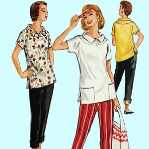 May include: Illustration of three women in vintage outfits. One wears a white top with red and white striped pants, holding a tote bag. Another wears a floral print top and black pants. The third wears a yellow top and black pants.