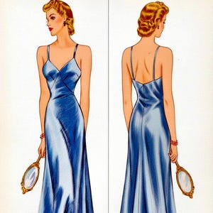 May include: Illustration of a blue satin evening gown with spaghetti straps and a flowing skirt. The dress is shown from the front and back, with a woman holding a small mirror. The gown has a V-neckline.