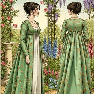 May include: A floor-length dress featuring a green over-layer with a gold floral pattern and a solid white under-layer. The garment has long sleeves, a high waistline, and a full skirt. The illustration shows the dress from both side and back views.