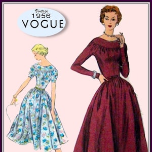 Vintage 1956-VOGUE NACHMITTAGS-KLEID-Zwei Stile-Nippel Taille-Tropfen Schulter Passe-Voller Flirty Twirl Rock-Größe 13-Selten