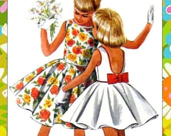 Vintage 1962-GIRL’S PARTY DRESS-Sewing Pattern-Full Circle Twirl Skirt-Attached Petticoat-Low U Shape Back-Piping-Bow-Uncut-Size 7-Rare