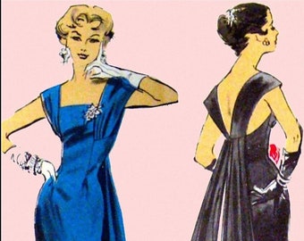 Vintage 1950s-COCKTAIL DRESS-Mr. John Original-Sewing Pattern-Two Styles-Fitted Wiggle Dress-Dramatic Fan Back Drape-Size 12-Mega  Rare