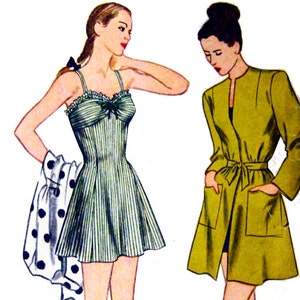 Vintage 1946-BOMBSHELL BATHING SUIT-Glam Cover Up-Sewing Pattern -Fitted Gathered Sweetheart Neckline-Flirty Flared Skirt- Size 16 - Rare