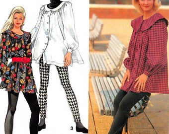 Vintage 1992-ROMANTIC POETS BLUSE-Leggings-Schnittmuster-3 Styles-Locker sitzende Kittelschürze-Portrait Kragen-Knopfleiste-Vorderseite-Ungeschnitten-Größe 6-16-selten