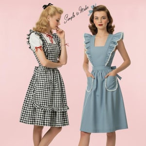 May include: Two vintage-style dresses. One is a black and white checkered pattern with a white blouse and red accents. The other is a light blue dress with ruffled sleeves and white lace trim. The text "Simple to Make" is written in cursive.