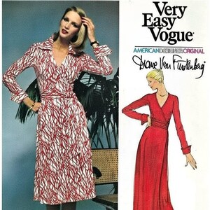 May include: A sewing pattern envelope for a Very Easy Vogue American Designer Original by Diane von Furstenberg, number 1549. The cover displays a knee-length wrap dress with a red and white abstract pattern and a long red floor-length wrap dress.