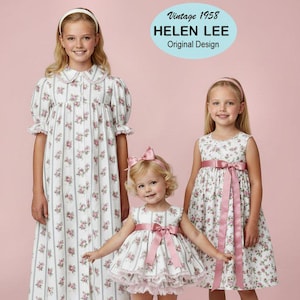 May include: Three dresses featuring a white fabric with vertical grey stripes and a small pink floral pattern. The left dress has puff sleeves and a collar. The center dress is a short set with a pink bow and bloomers. The right dress has a pink sash.