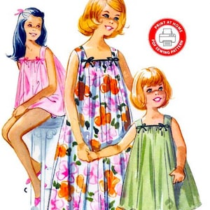 May include: Vintage sewing pattern for girls' dresses. The pattern includes three different styles: a pink dress with a floral print, a green dress with a floral print, and a white dress with a floral print. The pattern is for sizes 8-10.