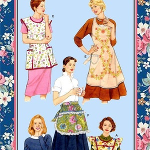 Könnte beinhalten: Eine Schnittmuster-Illustration mit fünf Schürzenmodellen, gekennzeichnet als A, C, D, E und F. Die Designs umfassen eine Schürze mit Paisleymuster, eine bestickte Schürze, eine florale Halbschürze mit Spitzenbesatz, eine rosa Vichy-Schürze und eine Obst-Schürze.