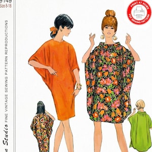 May include: Vintage sewing pattern reproduction from 1968. The illustration features three women modeling different styles of dresses. One dress is orange, another is black with a floral pattern, and the third is green. The pattern is available in sizes 8-18.