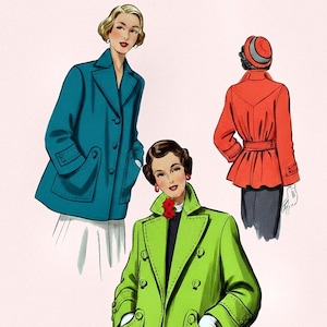 Vintage naaipatroon uit 1949 voor een autojas - Twee stijlen - Gevormde opgestikte zakken - Opstaande kraag - V-vormige rug - Riem aan de achterkant - Losse pasvorm - Getailleerd - Maat 20 - Zeldzaam