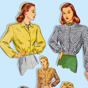May include: Vintage fashion illustration featuring five women's blouses in various styles. The blouses are in yellow, black and white plaid, brown, blue and white stripes, and red. Each blouse has a unique design, showcasing classic 1940s and 1950s styles.