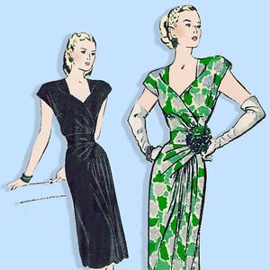 May include: Illustration of two vintage dresses. One is a black, knee-length dress with a V-neck and cap sleeves. The other is a long, green and white patterned gown with a V-neck, cap sleeves, and a floral embellishment at the waist. Both figures are wearing gloves.