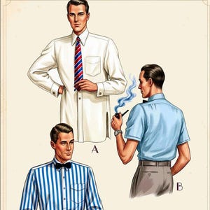 May include: Illustration of three men in vintage attire. One wears a white shirt with a red and blue striped tie. Another is in a light blue short-sleeved shirt. The third is in a blue and white striped shirt with a black bow tie.