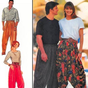 May include: Image of a fashion spread featuring several pairs of high-waisted, pleated pants. One model wears orange pants with a light blue shirt. Another model wears red pants with a beige top. A couple wears black and floral print pants with t-shirts. The text "FAST&EASY" is visible.