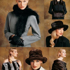 May include: A fashion image featuring various faux fur accessories. Includes a black fur collar, a gray coat with a black fur trim, a fur hat, a fur wrap, and a fur muff. The accessories are displayed on a model.