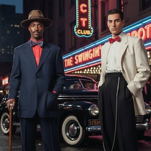 May include: Two men in vintage suits pose in front of a neon sign. One wears a navy pinstripe suit, red shirt, and brown hat. The other wears a cream-coloured suit jacket, black trousers, and a red bow tie. A classic car is in the background, evoking a retro aesthetic.