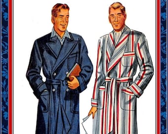 Vintage 1947-BESPOKE TAILORED ROBE-Sewing Pattern-Dashing Dressing Gown-2 Styles-Shawl & Notched Collars-Patch Pockets-Uncut-Size 38-40-Rare