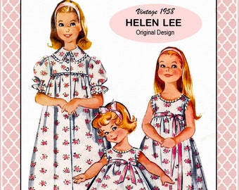 Vintage 1958-HELEN LEE ORIGINAL-Designer Sewing Pattern-Long Peignoir-Nightgown-Baby Doll Bloomers-Ribbon Trim-Easy-Loose Fit-Size 6-Rare