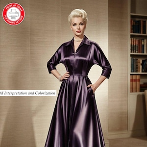 May include: A floor-length, deep purple satin dress with a collared neckline, three-quarter length sleeves, and a full skirt featuring side pockets. The garment includes a front zipper closure. Text on the image reads: Print at Home PDF Sewing Pattern.