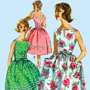 May include: Vintage illustration of three dresses. One is green with white polka dots, another is pink, and the third is white with red roses. The text "Simple to make" is in a red box.