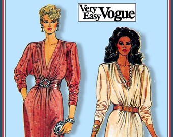 Vintage 1980s-GLAM EVENING GOWN-Day Dress-Vogue Sewing Pattern-Two Styles-Sexy Deep V Neckline-Push Up Sleeves-Pockets-Size 8-12-Rare