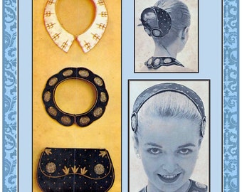 Vintage 1955- GLAMOROUS FASHION ACCESSORIES-Schnittmuster-Perlenarbeit-Embroidery-Shaped Kragen-Taschen-Stirnband Hut-Transfer-Selten