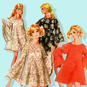Vintage 1969-ANGEL WING DRESS-Sewing Pattern-4 Styles-Loose Fitting -Mini-Regular Length-Lace Tablecloth Dress-Lace-Bow Trim-Size 8-10-Rare