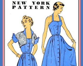 Vintage 1950s-HALTER SUNDRESS-JACKET-Sewing Pattern-Fitted Bodice-Full Flirty Skirt-Button Up Front-Dramatic Cuffs- Collar-Size 14-Rare