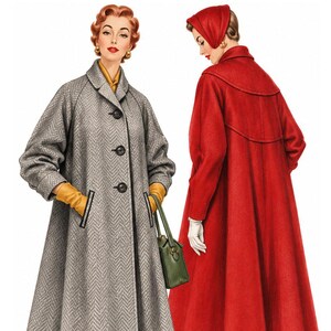 May include: A gray herringbone coat with black buttons and black pocket trim, paired with yellow gloves and a green handbag. Beside it, a solid red coat with a matching headscarf and white gloves. Both coats feature a flared, knee-length silhouette.