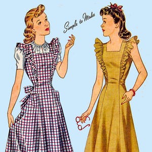 May include: Vintage illustration of two dresses. One is a red, white, and blue plaid apron dress with a white blouse. The other is a mustard-colored dress with ruffled trim. The text "Simple to Make" is above the dresses.