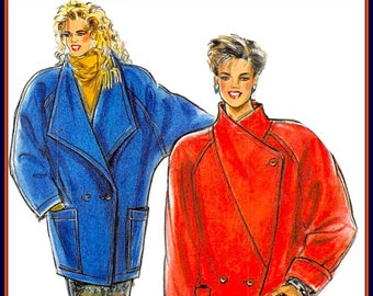 Vintage 1990s-ASYMMETRICAL COAT-Sewing Pattern-Two Styles-Turn-Up Collar-Raglan Sleeves-Cuffs-Patch Pockets-Loose Fit-Uncut-Size 8-44-Rare