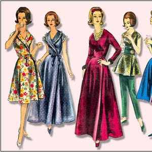 Vintage 1963-VOGUE LOUNGE WEAR-Symönster-5 Stilar-Badrockar-Cigarettbensbyxor-Ny midja-Ärmalternativ-Oklippt-Storlek 14- Sällsynt