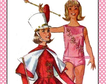 Vintage 1965 MAJORETTE-TWIRLER-SKATING Outfits-Girls Costume Sewing Pattern-Cape-Twirl Skirts Hats-Pom-Poms- Sequin Trim-Uncut- Size 10-Rare