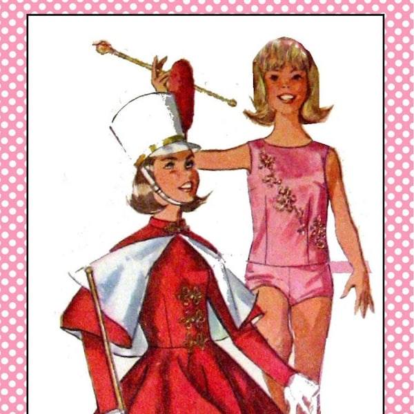 Vintage 1965 MAJORETTE-TWIRLER-SKATING Outfits-Girls Costume Sewing Pattern-Cape-Twirl Skirts Hats-Pom-Poms- Sequin Trim-Uncut- Size 10-Rare