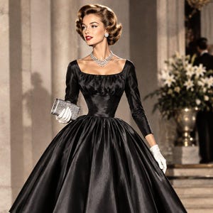 May include: A black satin dress with a square neckline, long sleeves, and a full, pleated skirt. The dress is paired with white gloves, a silver clutch, a multi-strand crystal necklace, and black high-heeled pumps.