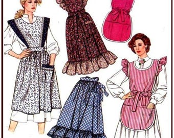 May include: Illustration of vintage aprons and a skirt. The aprons feature various designs, including floral patterns, stripes, and solid colors. One apron is a vibrant pink with a heart detail. The skirt is blue with a diamond pattern and a ruffled hem.