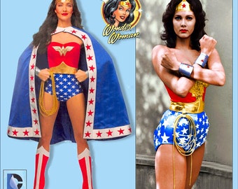 WONDER WOMAN-Costume Sewing Pattern-DC Comics Original-Retro Style-Bustier-Shorts-Cape-Crown-Bracelets-Boot Covers-Uncut-Size 6-14-Rare