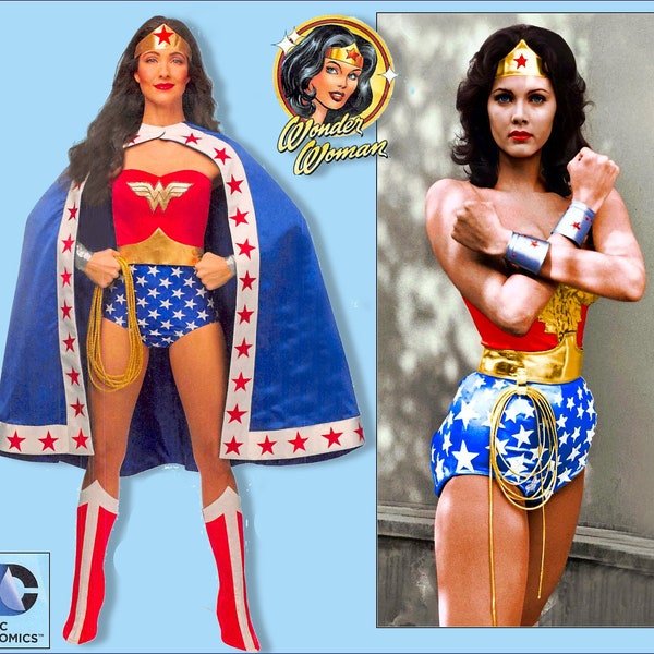 WONDER WOMAN-Kostüm Schnittmuster-DC Comics Original-Retro Style-Bustier-Shorts-Cape-Crown-Armbänder-Stiefelüberzieher-Uncut-Größe 6-14-selten