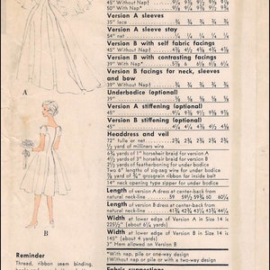 May include: A vintage sewing pattern for a bride's or bridesmaid's dress, headdress, and veil. The pattern includes instructions for making a princess-style dress with contrasting sleeves, self-fabric facings, and a choice of lengths. The pattern also includes instructions for making a headdress and veil. The pattern is from Vogue pattern service and is dated 1959.