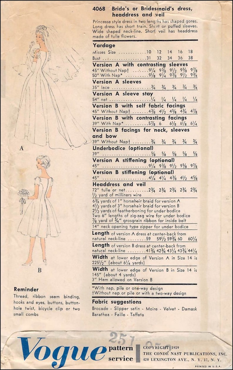 May include: A vintage sewing pattern for a bride's or bridesmaid's dress, headdress, and veil. The pattern includes instructions for making a princess-style dress with contrasting sleeves, self-fabric facings, and a choice of lengths. The pattern also includes instructions for making a headdress and veil. The pattern is from Vogue pattern service and is dated 1959.