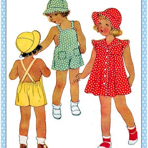 May include: A vintage illustration depicting three children in summer attire. One is in a yellow romper and hat, another in a green polka-dot romper and hat, and the third in a red polka-dot dress and hat. All are wearing white socks and shoes.