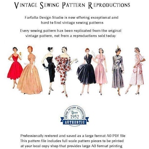 May include: An advertisement for Farfalla Design Studio featuring vintage sewing pattern reproductions. The image displays a variety of vintage dresses and includes text about the patterns being replicated from original vintage patterns.