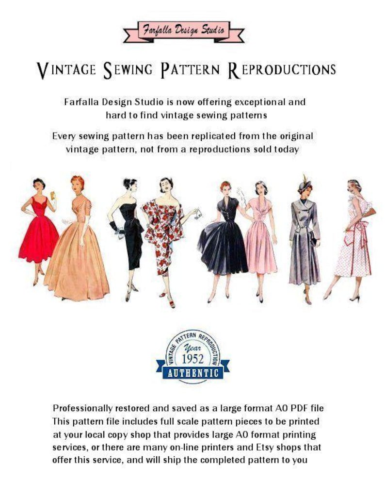 May include: An advertisement for Farfalla Design Studio featuring vintage sewing pattern reproductions. The image displays a variety of vintage dresses and includes text about the patterns being replicated from original vintage patterns.