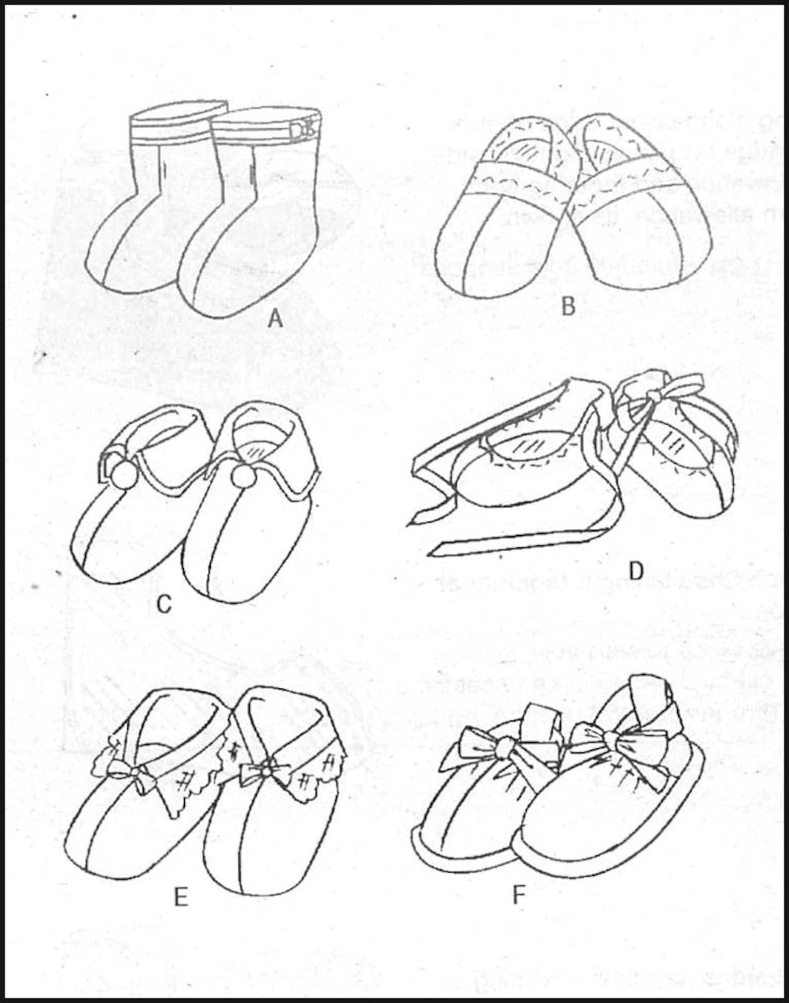 designer baby booties-vogue sewing pattern-six styles-ballet slipper-cuffed booties-sandal-fireman boots-uncut-size newborn-9 mo