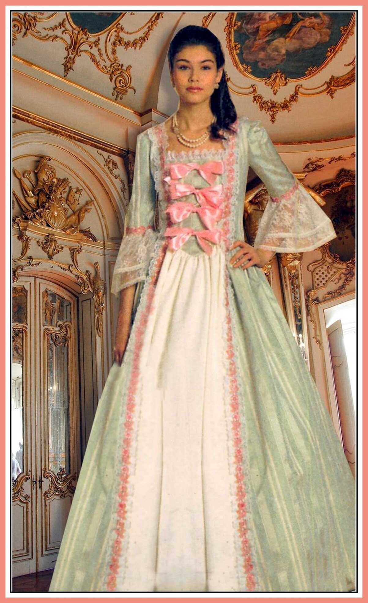 1700s princess dress 18th CENTURY PRINCESS Gown-sewing Pattern-ruffle Trumpet Sleeves-bows- princess Seams-contrast Skirt Front-ruffles-lace-uncut-size 4-18-rare