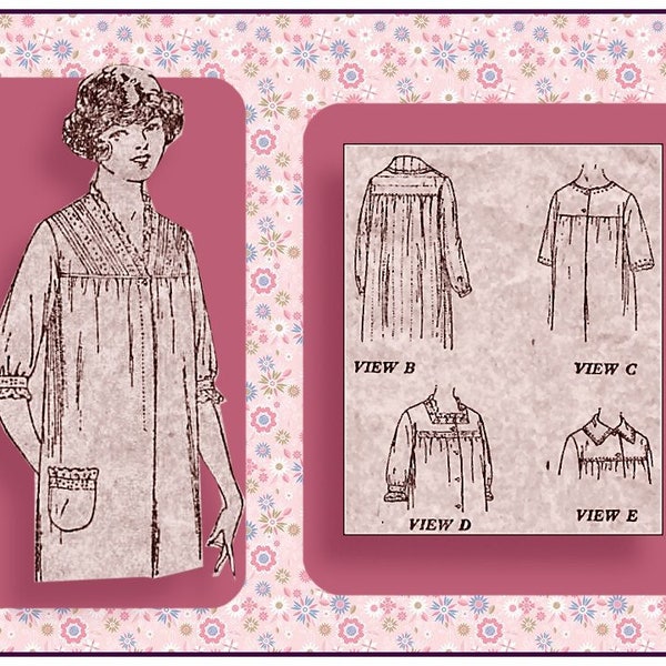 Vintage 1916-TITANIC ERA SLEEP Gown-Heirloom Schnittmuster-Vier Stile-Quadrat Passe-Taschen-Spitzen-Einsätze-Stickerei-Größe 44-Rare