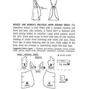 May include: Diagram showing how to sew a wrap around dress. The diagram shows eight pieces: bodice front, bodice back, bodice side, skirt front, skirt back, skirt side, tie end, and pocket. The text reads "Misses' and Women's One-Piece Wrap Around Dress: The sleeveless bodice is dart fitted with a scooped neckline and front and back side sections. A flared skirt is featured with darts joining bodice at waistline. Large patch pockets accent the skirt. Dress back wraps to front with ends of side sections meeting at center front fastening with hooks and eyes. Dress front laps to back fastening with tie ends. Outer edges of the wrap dress are encased in contrasting single fold bias tape. Suggested fabric types - Cottons and blends; gingham, denim, broad-cloth, poplin, oxford cloth, terrycloth. Synthetics; sailcloth, homespun. Wrap Around Dress 8 Pieces Given"